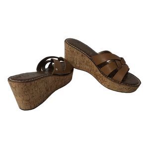 Sam Edelman Raynere Cork Heel Wedge Leather Slides Tan Women Size 9.5